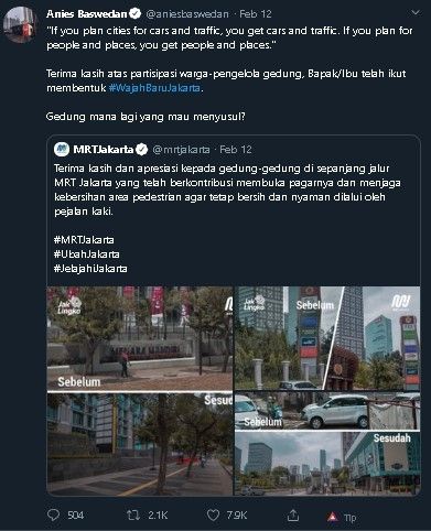 Cuitan Anies soal wajah baru Jakarta. (Twitter/@aniesbaswedan)