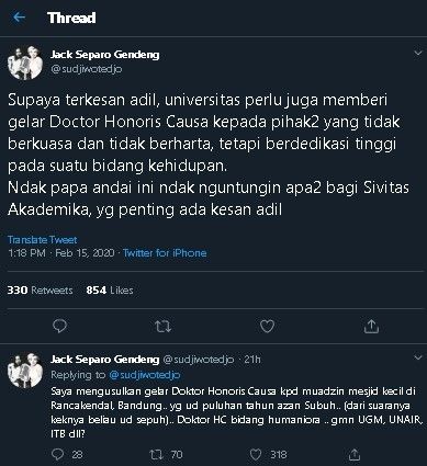 Sudjiwo Tedjo usul muazin dapat gelar doktor kehormatan. (Twitter/@sudjiwotedjo)