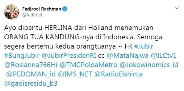 Cuitan Fadjroel Rachman mencari orang tua kandung Herlina (Twitter/fadjroel)