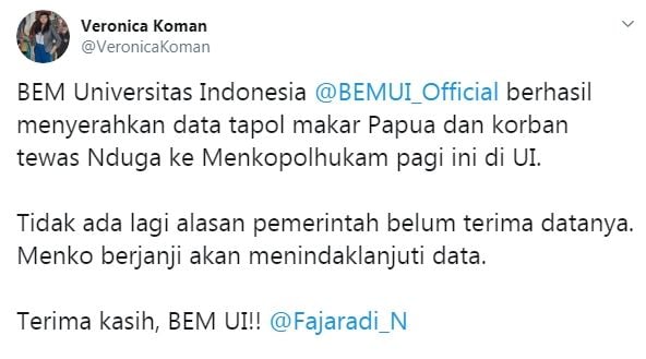 Cuitan Veronica Koman soal penyerahan data tapol oleh BEM UI (Twitter/veronicakoman)