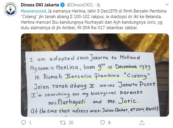 Herlina mencari orang tua kandungnya di Indonesia (Twitter/DinsosDKI1)