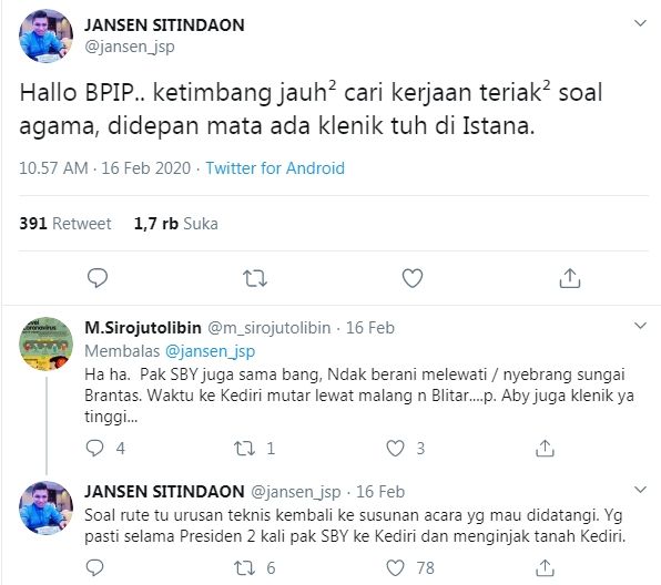 Jansen PD sindir BPIP soal mitor Kediri (Twitter)