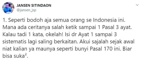 Cuitan Jansen Sitindaon soal Omnibus Law salah ketik (Twitter/jansen_jsp)