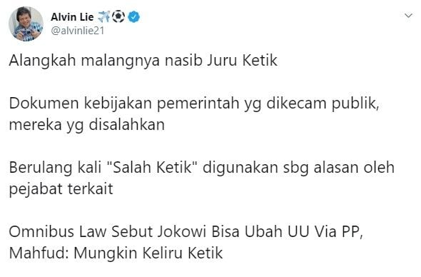 Cuitan Alvin Lie soal Omnibus Law salah ketik (Twitter/alvinlie21)