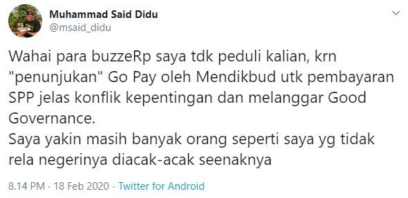 Komentar Said Didu soal bayar SPP pakai GoPay (Twitter/msaid_didu)