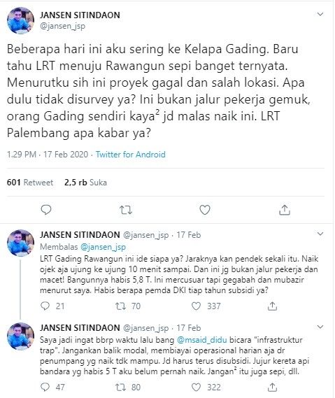 Jansen Sitindaon kritisi LRT Jakarta yang sepi penumpang (Twitter/jansen_jsp).