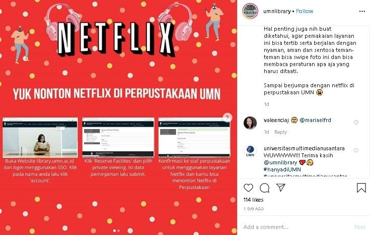 Perpustakaan UMN tawarkan layanan nonton Netflix. (Instagram/@umnlibrary)