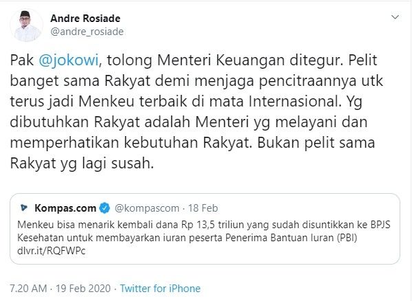 Andre Rosiade ngadu ke Jokowi sebut Sri Mulyani pelit sama rakyat (Twitter/andre_rosiade)