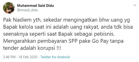 Komentar Said Didu soal bayar SPP pakai GoPay (Twitter/msaid_didu)