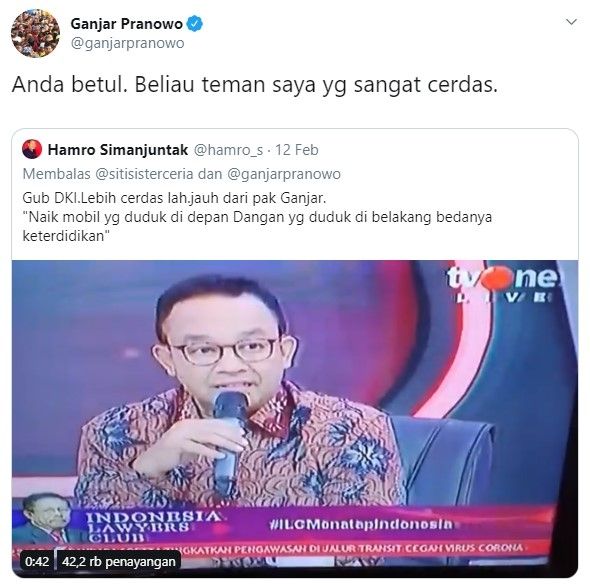 Ganjar Pranowo pasrah disebut kalah cerdas dengan Anies (Twitter/ganjarpranowo)