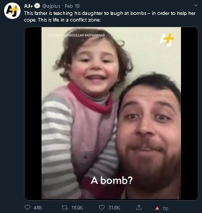 Mohammad ajarkan putrinya tertawa setiap kali dengar ledakan bom. (Twitter/@AJplus)