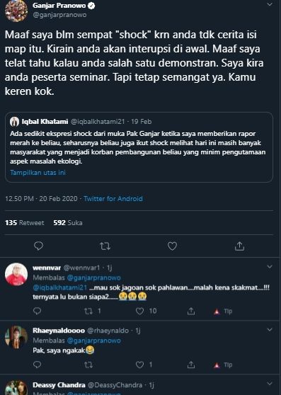 Tanggapan Gubernur Ganjar Pranowo atas kicauan iqbalkhatami21, Kamis (20/2/2020). [@ganjarpranowo / Twitter]