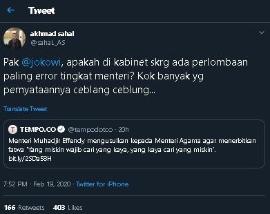 Cuitan Gus Sahal soal fatwa pernikahan antar status ekonomi. (Twitter/@sahal_AS)