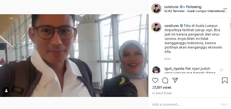 Sandiaga Uno dan Nur Asia berkunjung ke Malaysia. (Instagram/@sandiagauno)