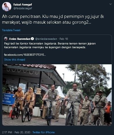 Faizal sentil cuitan Anies. (Twitter/@faizalassegaf)