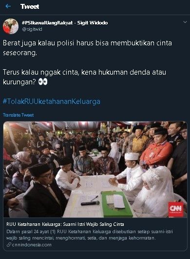 Cuitan Sigit Widodo soal RUU Ketahanan Keluarga. (Twitter/@sigitwid)