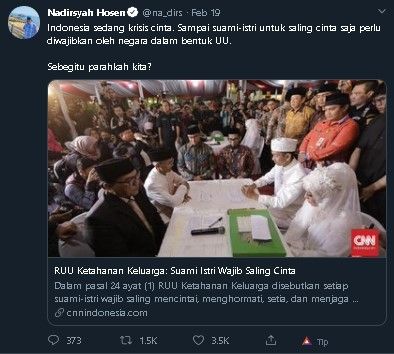 Cuitan Gus Nadir soal RUU Ketahanan Keluarga. (Twitter/@na_dirs)