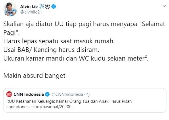 Alvin Lie sindir RUU Ketahanan Keluarga (Twitter/alvinliea21)