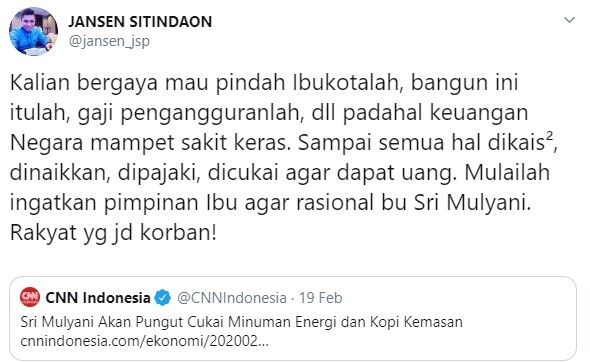 Jansen Sitindaon kritisi kebijakan cukai minuman berpemanis (Twitter/jansen_jsp)