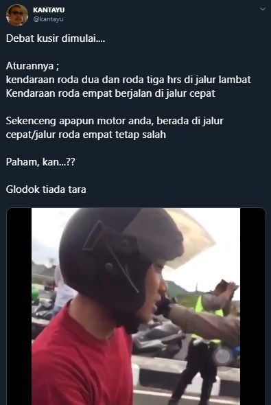 Ditilang Karena Masuk Jalur Cepat, Pemotor ke Polisi: Tapi Saya Cepat. Tangkapan layar (twitter.com/kantayu)