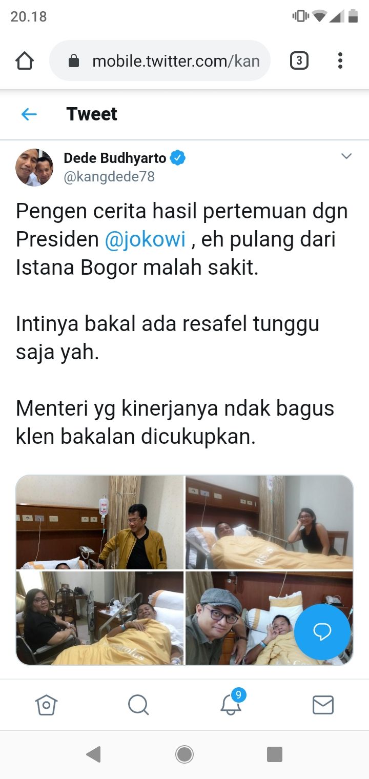 Berhembus kabar yang menyebut kalau Presiden Joko Widodo (Jokowi) bakal melakukan reshuffle dalam Kabinet Indonesia Maju. Kabar tersebut pertama diunggah oleh satu relawan Jokowi, Dede Budhyarto melalui akun Twitternya, @kangdede_78. (Screenshot)