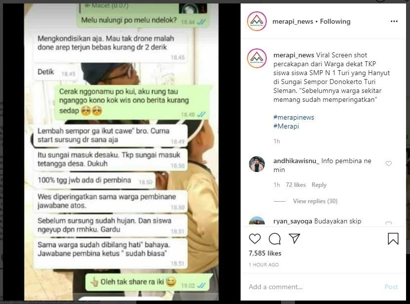 Chat diduga warga terkait pembina SMPN 1 Turi. (Instagram/@merapi_news)