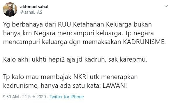 Gus Sahal soal RUU Ketahanan Keluarga (Twitter/sahal_as)