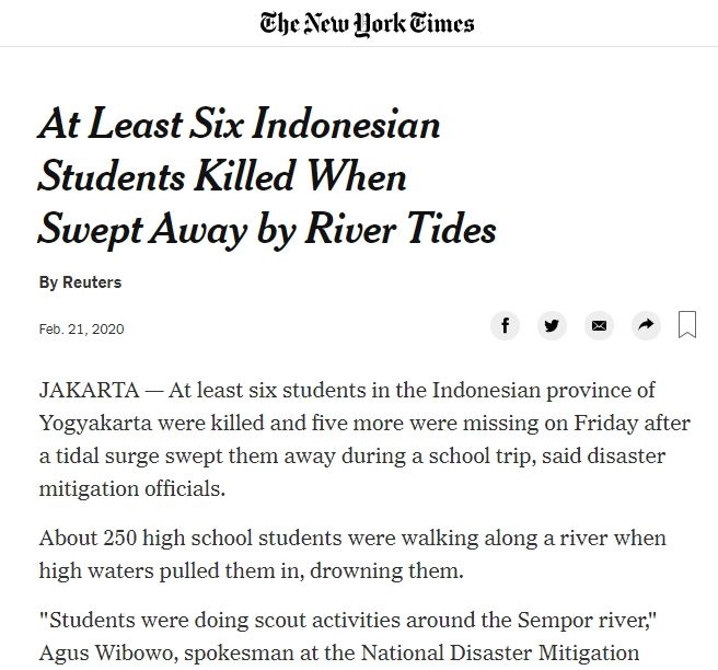 Tragedi Siswa SMPN 1 Turi Hanyut Jadi Sorotan Media Asing. Tangkapan layar (nytimes.com)