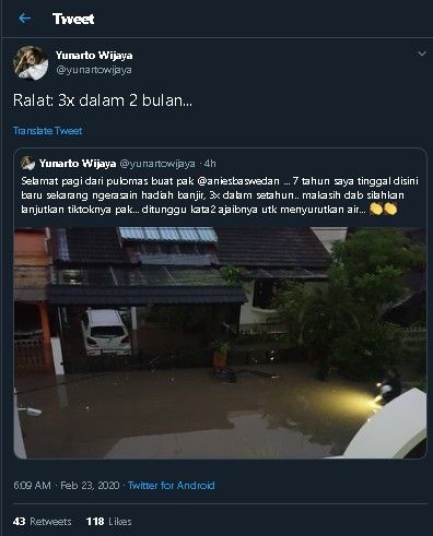 Cuitan Yunarto Wijaya, rumahnya kebanjiran 3 kali. (Twitter/@yunartowijaya)