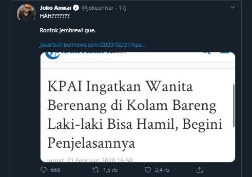 Cuitan Joko Anwar mengomentari salah satu berita (Twitter/Joko Anwar)