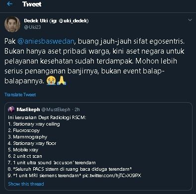 Cuitan Dedek Prayudi soal kabar RSCM kebanjiran. (Twitter/@Uki23)