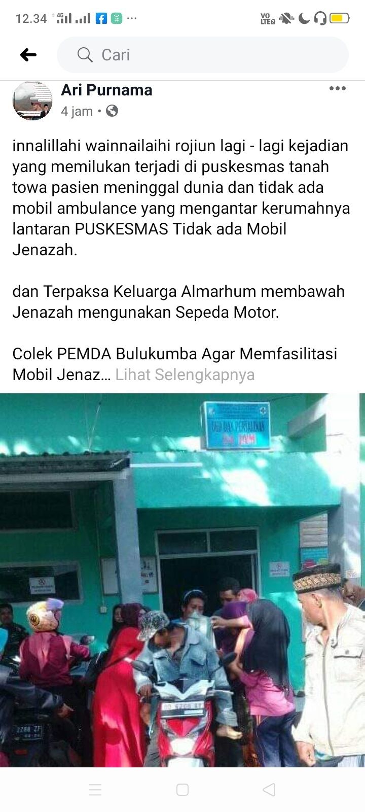 Postingan yang viral tentang jenazah dibawa pulang keluarganya menggunakan sepeda motor di Bulukumba.(Makassar.terkini.id)