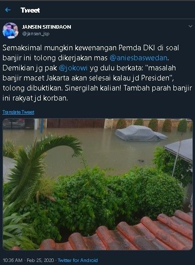 Cuitan Jansen Sitindaon soal banjir. (Twitter/@jansen_jsp)