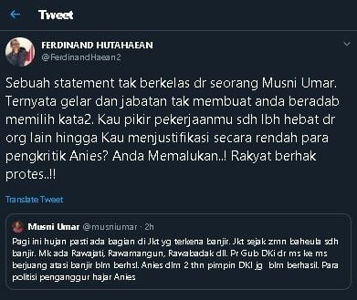 Cuitan rektor UIC soal banjir dibalas Ferdinand Hutahaean. (Twitter/@FerdinandHaean2)