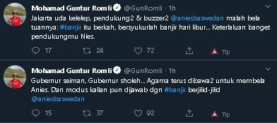 Cuitan Gus Romli soal banjir. (Twitte/@GunRomli)