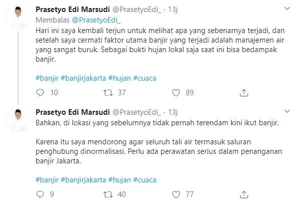 Ketua DPRD DKI sebut manajemen air buruk penyebab Jakarta banjir (Twitter/prasetyoedi_)