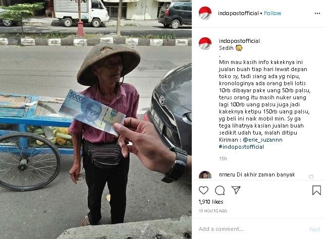 Kakek penjual lotis dibayar pakai uang palsu. (Instagram/@indopostofficial)