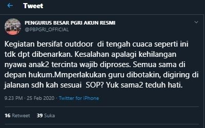 Pengurus Besar PGRI mengecam tindakan polisi yang menampilkan guru tersangka insiden susur sungai sempor yang menewaskan siswa SMPN 1 Turi dalam keadaan gundul. [@PBPGRI_Official / Twitter]