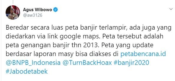 Klarifikasi Kapusdatin BNPB soal peta 'Jakarta Biru' via Google Maps (Twitter/aw3126)