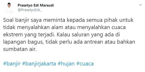 Ketua DPRD DKI sebut manajemen air buruk penyebab Jakarta banjir (Twitter/prasetyoedi_)