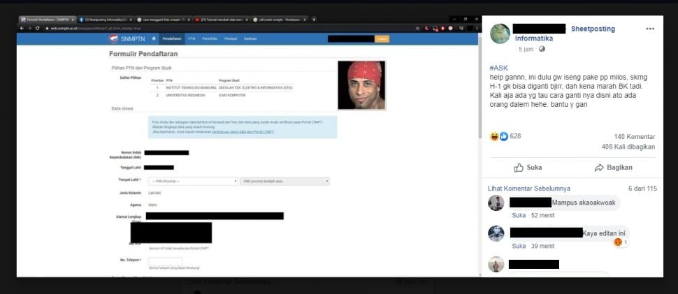 Siswa Pakai Foto Meme untuk Daftar SNMPTN (Facebook)