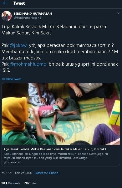 Cuitan Ferdinand soal kakak beradik di Tapanuli makan sabun cucu karena kelaparan. (Twitter/@FerdinandHaean2)