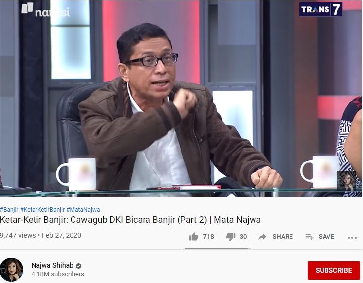 Cawagub DKI Nurmansjah Lubis di acara Mata Najwa Ketar-Ketir Banjir yang tayang di Trans7, Rabu (26/02). Tangkapan layar (Youtube Najwa Shihab)