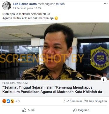 Unggahan soal Kemenag menghapus kata khilafah dan jihad. (turnbackhoax.id)