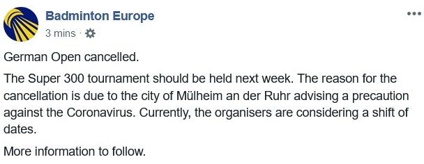 Pembatalan turnamen German Open 2020. [Twitter@badmintoneurope]