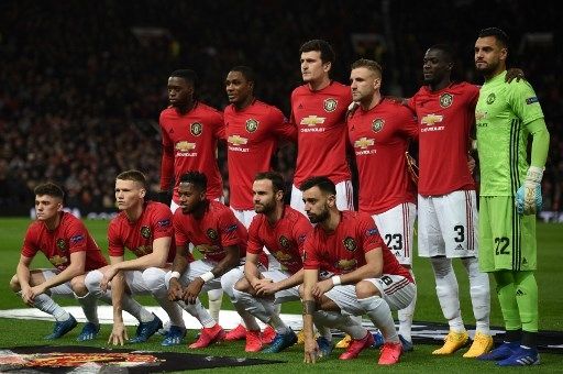 Pemain Manchester United berpose jelang laga leg kedua babak 32 besar Liga Europa kontra Club Brugge di Old Trafford, Jumat (28/2/2020). [AFP]