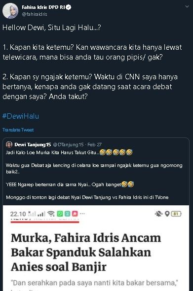 Fahira Idris balasa sindiran Dewi Tanjung soal spanduk Anies. (Twitter/@fahiraidris)