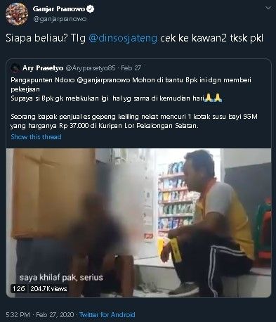 Gubernur Jawa Tengah Ganjar Pranowo beri tanggapan soal laki-laki yang nekat mencuri susu untuk anaknya. (Twitter//@ganjarpranowo)