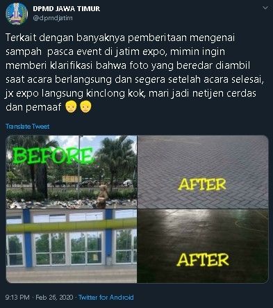 Klarifikasi foto sampah berserakan. (Twitter/@dpmdjatim)