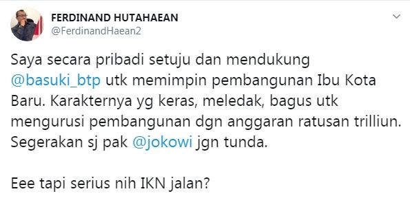 Ferdinand Demokrat dukung Ahok pimpin IKN (Twitter/ferdinandhaean2)